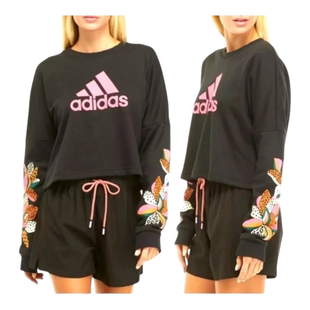 adidas x FARM Rio Print Loose Cropped Fleece Logo Sweatshirt Size Small
